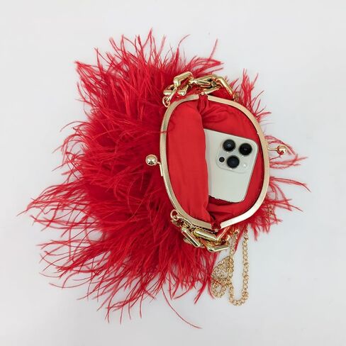 LVCOMEFF Women Ostrich Feather Mini Handbag Purse with Big Gold Chain for Party Fluffy Plush Luxurious in Kuwait