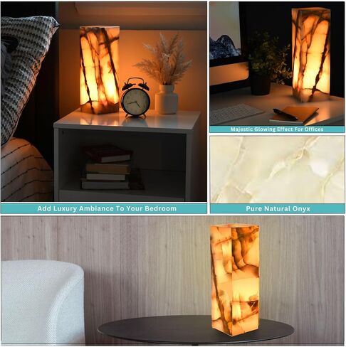 UMAID Elegant Handcrafted Onyx Marble Table Lamp, Warm Amber Glow, Relaxing Table Lamp for Office, Bedroom, Living Room, and Bedside, Includes Bulb & Dimmable Cord, Unique Home Decor Gifts (Rectangle) in Saudi Arabia