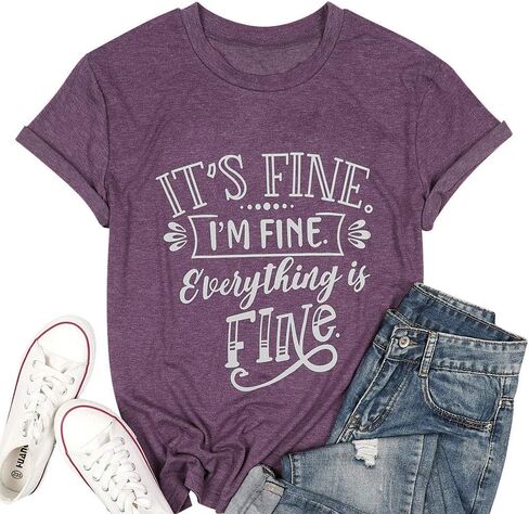 T&Twenties Women T Shirt,Its Fine Im Fine Everything is Fine Inspirational Letter Printed Tees Short Sleeve Casual Shirt Tops in Kuwait
