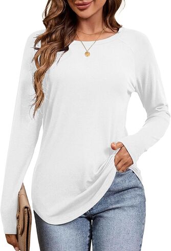 تي شيرت نسائي Amoretu بأكمام طويلة كاجوال فضفاض برقبة دائرية، قمصان تونيك بأكمام راجلان للخريف in Kuwait