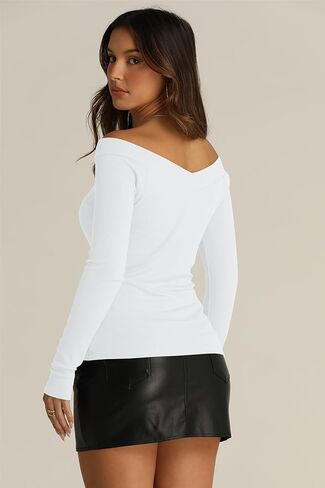 Poetsky المرأة قبالة الكتف كم طويل بلايز مثير الخامس الرقبة مضلع متماسكة المجهزة تي شيرت Y2K الخروج البلوزات الضيقة in Kuwait