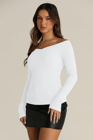 Poetsky المرأة قبالة الكتف كم طويل بلايز مثير الخامس الرقبة مضلع متماسكة المجهزة تي شيرت Y2K الخروج البلوزات الضيقة in Kuwait