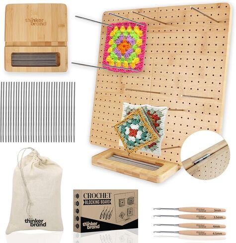 ThinkerBrand 13" Crochet Blocking Board + Durable Blocking Boards for Crochet Projects, 35 Pegs/Pins for Granny Square Blocking Boards + Bamboo Crochet Hook Set for Crocheting in Saudi Arabia