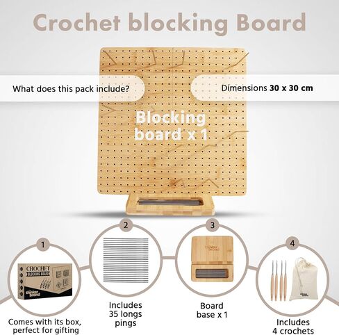 ThinkerBrand 13" Crochet Blocking Board + Durable Blocking Boards for Crochet Projects, 35 Pegs/Pins for Granny Square Blocking Boards + Bamboo Crochet Hook Set for Crocheting in Saudi Arabia