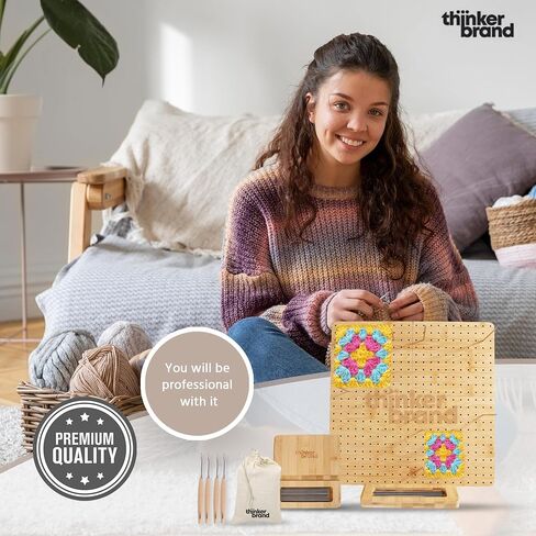 ThinkerBrand 13" Crochet Blocking Board + Durable Blocking Boards for Crochet Projects, 35 Pegs/Pins for Granny Square Blocking Boards + Bamboo Crochet Hook Set for Crocheting in Saudi Arabia