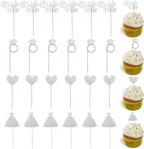 24 Pcs Glitter Bride Cupcake Toppers, Heart Ring Dress Cupcake Toppers Silver Glitter Wedding Cupcake Toppers Bridal Shower Cupcake Picks for Wedding Bachelorette Party Engagement Party Supplies in Saudi Arabia