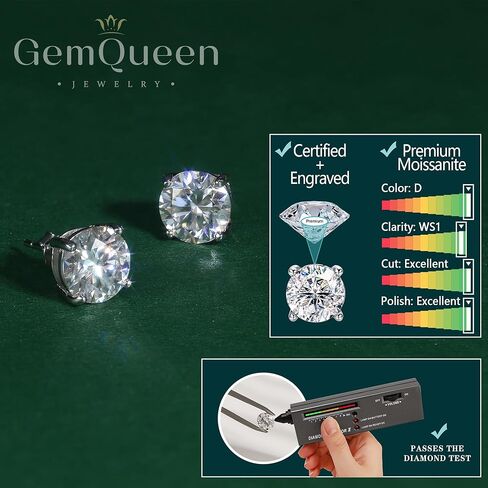 Moissanite Screw back Stud Earrings : 18K White Gold Plated Solid 925 Sterling Silver Earring Hypoallergenic Screwback Stud Earring Jewelry for Women Men 1/1.6/2ct in Kuwait