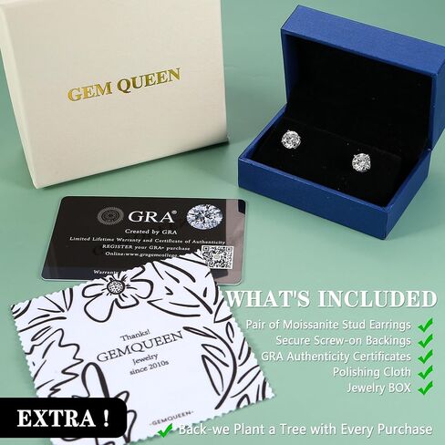 Moissanite Screw back Stud Earrings : 18K White Gold Plated Solid 925 Sterling Silver Earring Hypoallergenic Screwback Stud Earring Jewelry for Women Men 1/1.6/2ct in Kuwait