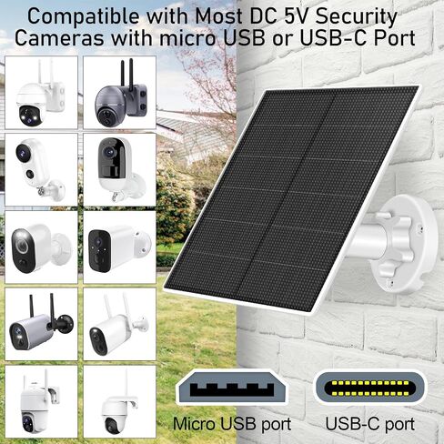 لوحة شمسية لكاميرا الأمان، لوحة شمسية USB 5 وات لكاميرا أمان DC 5 فولت، لوحة شمسية بمنفذ USB صغير ومنفذ USB-C، شاحن شمسي مقاوم للماء IP65 للكاميرا مع تركيب قابل للتعديل 360 درجة in Kuwait
