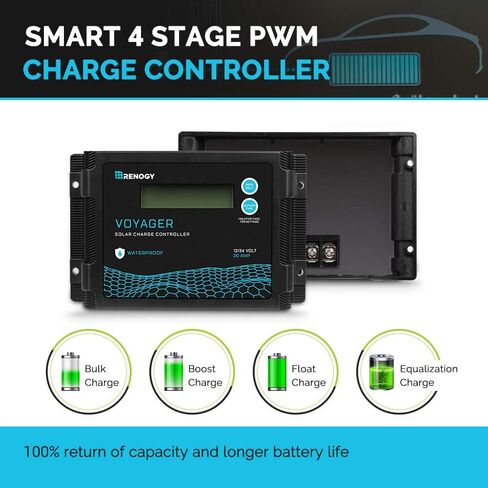 Renogy Voyager 10A 12V/24V PWM وحدة تحكم شحن بالطاقة الشمسية مقاومة للماء مع شاشة LCD لبطارية AGM، جل، مغمورة وبطارية ليثيوم، تستخدم في RVs، المقطورات، القوارب، اليخوت، Voyager 10A، أزرق/أسود in Saudi Arabia