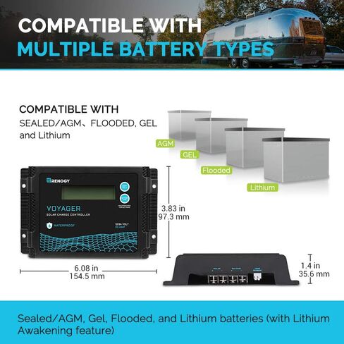 Renogy Voyager 10A 12V/24V PWM وحدة تحكم شحن بالطاقة الشمسية مقاومة للماء مع شاشة LCD لبطارية AGM، جل، مغمورة وبطارية ليثيوم، تستخدم في RVs، المقطورات، القوارب، اليخوت، Voyager 10A، أزرق/أسود in Saudi Arabia