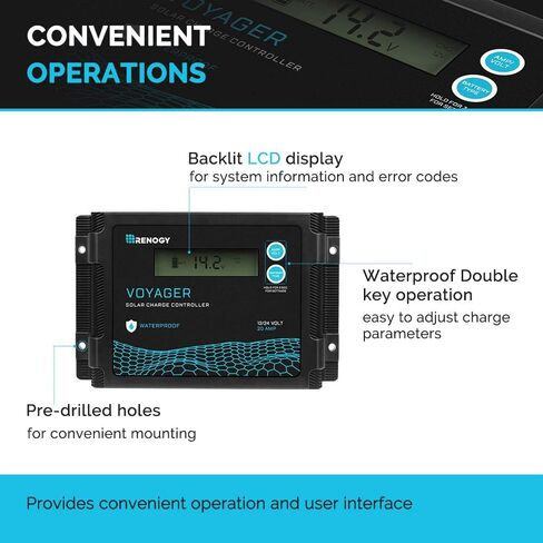 Renogy Voyager 10A 12V/24V PWM وحدة تحكم شحن بالطاقة الشمسية مقاومة للماء مع شاشة LCD لبطارية AGM، جل، مغمورة وبطارية ليثيوم، تستخدم في RVs، المقطورات، القوارب، اليخوت، Voyager 10A، أزرق/أسود in Saudi Arabia
