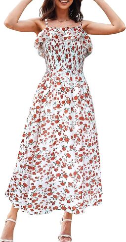 فساتين الصيف النسائية 2024 فستان الشمس السباغيتي حزام Smocked كشكش الشاطئ فستان طويل بوهو الأزهار ماكسي فساتين in Kuwait