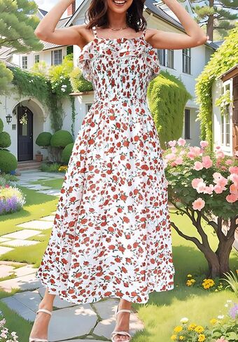 فساتين الصيف النسائية 2024 فستان الشمس السباغيتي حزام Smocked كشكش الشاطئ فستان طويل بوهو الأزهار ماكسي فساتين in Kuwait
