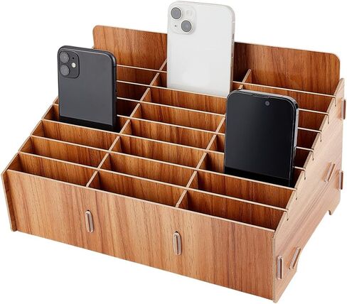 BENECREAT 24-Grid Wooden Mobile Phone Management Storage Box, Black Cell Phone Storage Box Desktop Organizer for Office and School Supplies, Walnut Color in Saudi Arabia