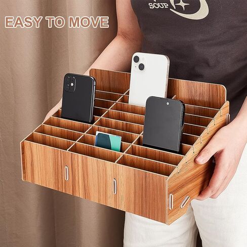 BENECREAT 24-Grid Wooden Mobile Phone Management Storage Box, Black Cell Phone Storage Box Desktop Organizer for Office and School Supplies, Walnut Color in Saudi Arabia
