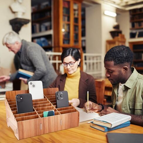 BENECREAT 24-Grid Wooden Mobile Phone Management Storage Box, Black Cell Phone Storage Box Desktop Organizer for Office and School Supplies, Walnut Color in Saudi Arabia