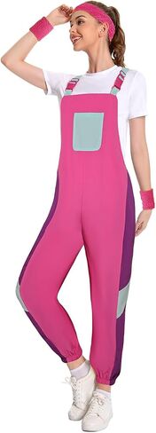 Women 80s Bib Overalls Pants Color Block Tracksuit Casual Loose Jumpsuit Adjustable Straps Pockets 4 Pcs in Saudi Arabia