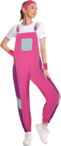 Women 80s Bib Overalls Pants Color Block Tracksuit Casual Loose Jumpsuit Adjustable Straps Pockets 4 Pcs in Saudi Arabia