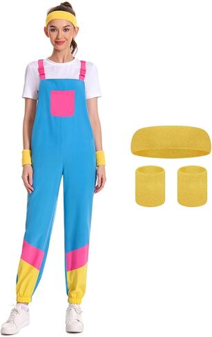 Women 80s Bib Overalls Pants Color Block Tracksuit Casual Loose Jumpsuit Adjustable Straps Pockets 4 Pcs in Saudi Arabia