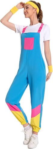 Women 80s Bib Overalls Pants Color Block Tracksuit Casual Loose Jumpsuit Adjustable Straps Pockets 4 Pcs in Saudi Arabia
