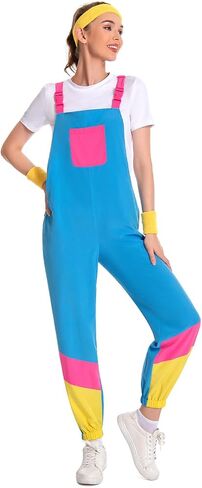 Women 80s Bib Overalls Pants Color Block Tracksuit Casual Loose Jumpsuit Adjustable Straps Pockets 4 Pcs in Saudi Arabia