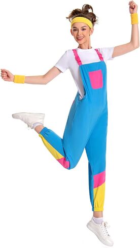 Women 80s Bib Overalls Pants Color Block Tracksuit Casual Loose Jumpsuit Adjustable Straps Pockets 4 Pcs in Saudi Arabia