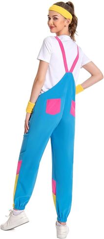 Women 80s Bib Overalls Pants Color Block Tracksuit Casual Loose Jumpsuit Adjustable Straps Pockets 4 Pcs in Saudi Arabia