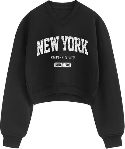 New York Graphic Crop Sweatshirts For Women Fleece V Neck Cropped Sweatshirt Loose Fit Y2k Trendy Pullover Hoodies in Saudi Arabia