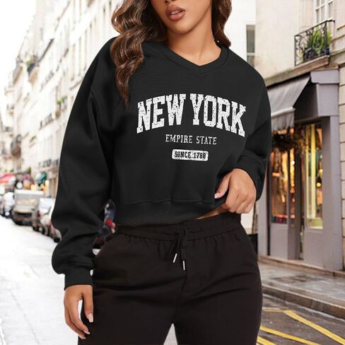 New York Graphic Crop Sweatshirts For Women Fleece V Neck Cropped Sweatshirt Loose Fit Y2k Trendy Pullover Hoodies in Saudi Arabia