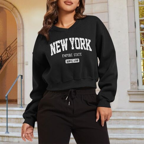 New York Graphic Crop Sweatshirts For Women Fleece V Neck Cropped Sweatshirt Loose Fit Y2k Trendy Pullover Hoodies in Saudi Arabia