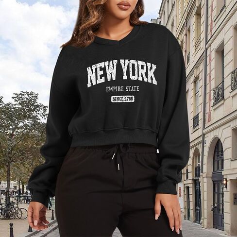 New York Graphic Crop Sweatshirts For Women Fleece V Neck Cropped Sweatshirt Loose Fit Y2k Trendy Pullover Hoodies in Saudi Arabia