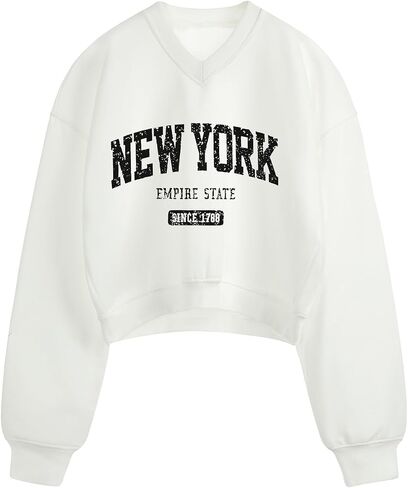 New York Graphic Crop Sweatshirts For Women Fleece V Neck Cropped Sweatshirt Loose Fit Y2k Trendy Pullover Hoodies in Saudi Arabia