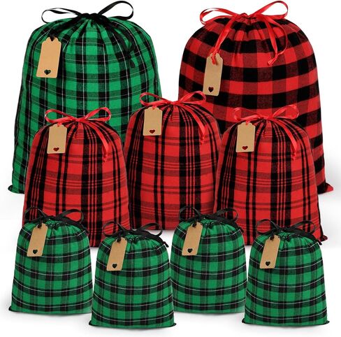 Shintop Fabric Christmas Gift Bags Drawstring, 9pcs Reusable Xmas Sacks Assorted Sized Buffalo Plaid Cloth pouches with Gift Tags Holiday Wrapping for Xmas Party Presents(Red, Green) in Kuwait