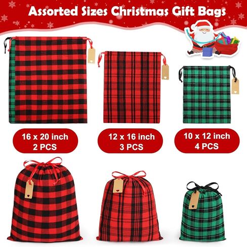 Shintop Fabric Christmas Gift Bags Drawstring, 9pcs Reusable Xmas Sacks Assorted Sized Buffalo Plaid Cloth pouches with Gift Tags Holiday Wrapping for Xmas Party Presents(Red, Green) in Kuwait