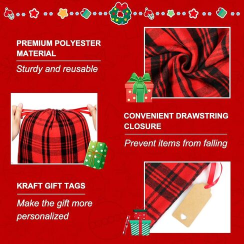 Shintop Fabric Christmas Gift Bags Drawstring, 9pcs Reusable Xmas Sacks Assorted Sized Buffalo Plaid Cloth pouches with Gift Tags Holiday Wrapping for Xmas Party Presents(Red, Green) in Kuwait