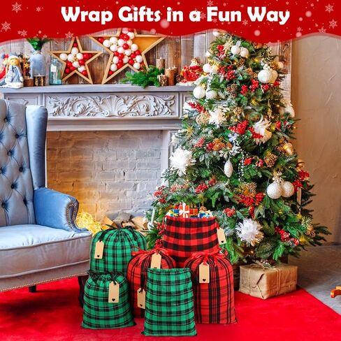 Shintop Fabric Christmas Gift Bags Drawstring, 9pcs Reusable Xmas Sacks Assorted Sized Buffalo Plaid Cloth pouches with Gift Tags Holiday Wrapping for Xmas Party Presents(Red, Green) in Kuwait