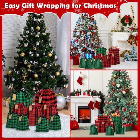 Shintop Fabric Christmas Gift Bags Drawstring, 9pcs Reusable Xmas Sacks Assorted Sized Buffalo Plaid Cloth pouches with Gift Tags Holiday Wrapping for Xmas Party Presents(Red, Green) in Kuwait