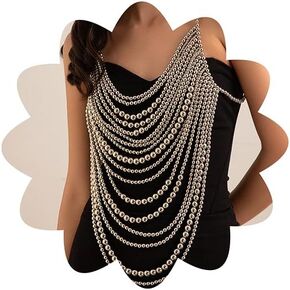 Xerling Faux Pearls Tassel Bra Body Chain Multi-layered Backless Chest Chain Fringe Halter Top Body Jewelry Bikini Body Accessories for Women Girls Party (Silver)