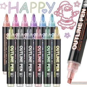 12 Colors Shimmer Outline Markers Double Line: Metallic Glitter Pens Set for for Christmas Greeting Cards, Doodling, DIY Photo Album, Scrapbook Crafts, Metal, Ceramic, Glass, Christmas Decor