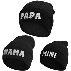 3 Pcs Parent-Child Beanie Hat Mama Papa Mini Embroidery Knitted Hat Winter Warm Cuffed Cap Matching Family Beanie Hat