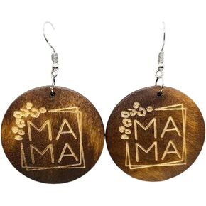 Pingyongchang Cute MAMA Letter Wood Circle Earrings Geometric Round Handmade Wood Mom Dangle Drop Earrings Mother’s Day Gift for Mom Grandmother from Daughter