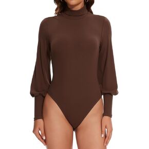 Fengbay Women's Mock Turtle Neck Bodysuit Puff Long Sleeve Bosysuit Soft Slim Fit Casual Tops