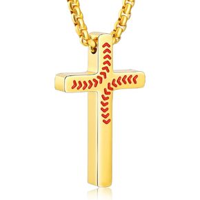 P. BLAKE Baseball Cross Necklace for Boys Men, Stainless Steel Cross Pendant Chain 16/18/20/22/24 Inches Baseball Accessories Christian Jewelry Gifts
