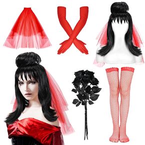 5 Pcs Halloween Women's Bride Costume Including Black Wig Bouquet Black Roses Red Gloves Socks and Veil for Halloween Day of The Dead Gothic Dress up