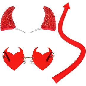 Demon Halloween Devil Costume Set, Bling Devil Horns Hair Clips and Tail and Face Diamond Sticker for Halloween Accessories