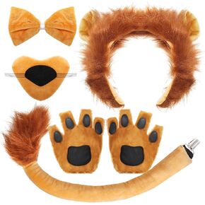6Pcs Lion Costume Lion Ears Headband and Tail Set Nose Bowtie Gloves Halloween Cosplay Accessories Party Supplies for Kids Adults Brown in Kuwait