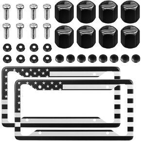 Universal USA Flag License Plate Holder Set, Vankcp Black Aluminum Alloy License Plate Frame, 2Pcs Patriotic License Plate Frame Matching with Screw Cover Set and Tire Valve Cover Set