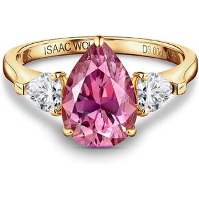 ISAAC WOLF Pink Pear Cut with Hearts Side Stones 3.60 Carat Moissanite Ring 10k Solid Gold