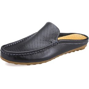 Men's Hollow Leather Slip On Mules Clog Slippers Casual Round Toe Backless Flat Loafers Dress Shoes for Walking Wedding